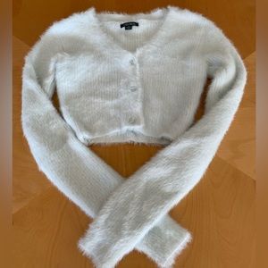 Fuzzy, pale blue crop cardigan sweater